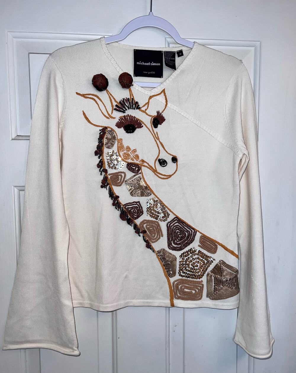 Michael Simon Vintage Giraffe Beaded Spun Silk Blend Sweater - Size Medium